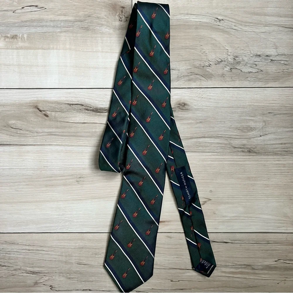 Tommy Hilfiger 100% silk Green Tie with Red and White Stripes and guitars